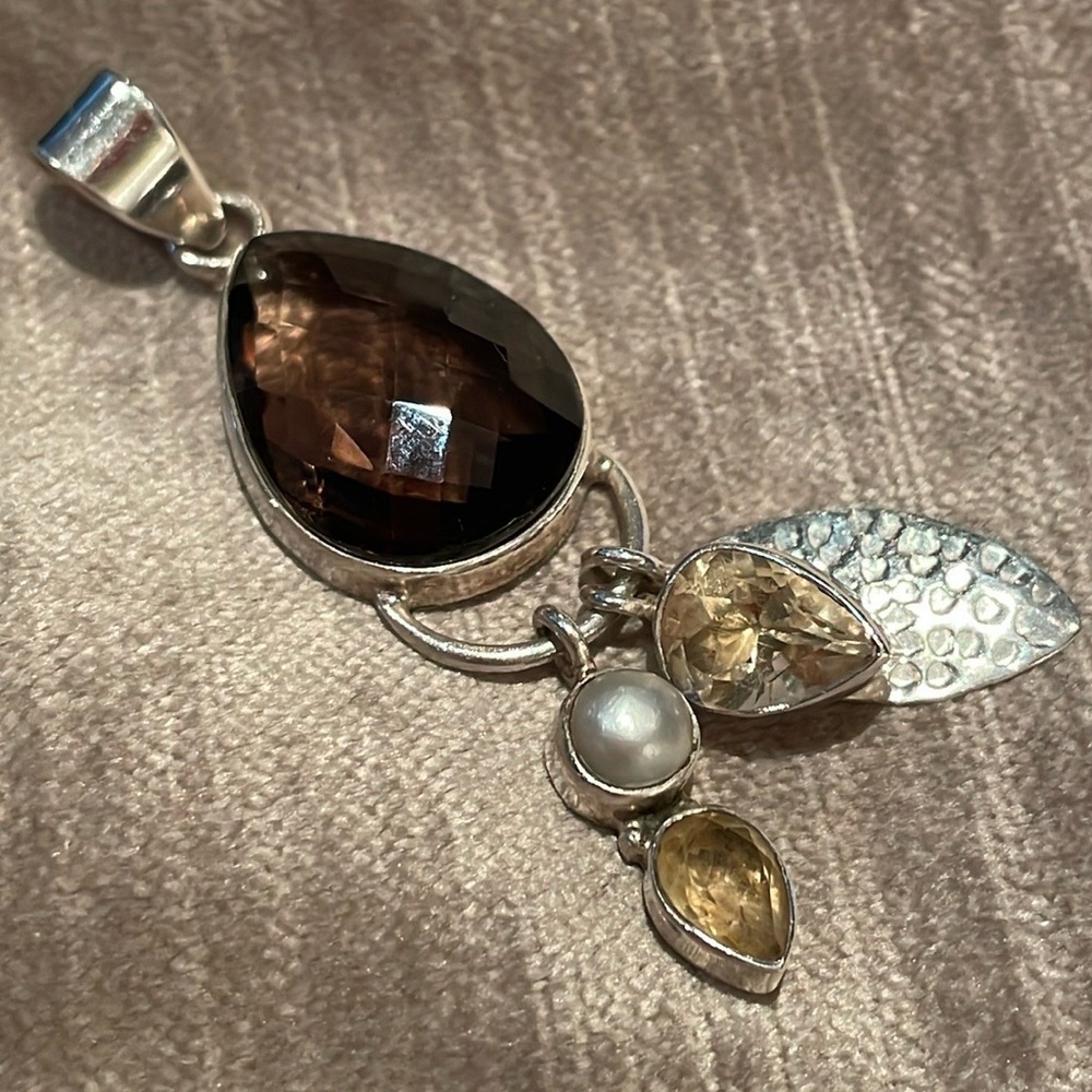 Smokey Quartz Pendant Citrine & Fresh Water Pearl Charms Sterling Silver 925 - Picture 1 of 7